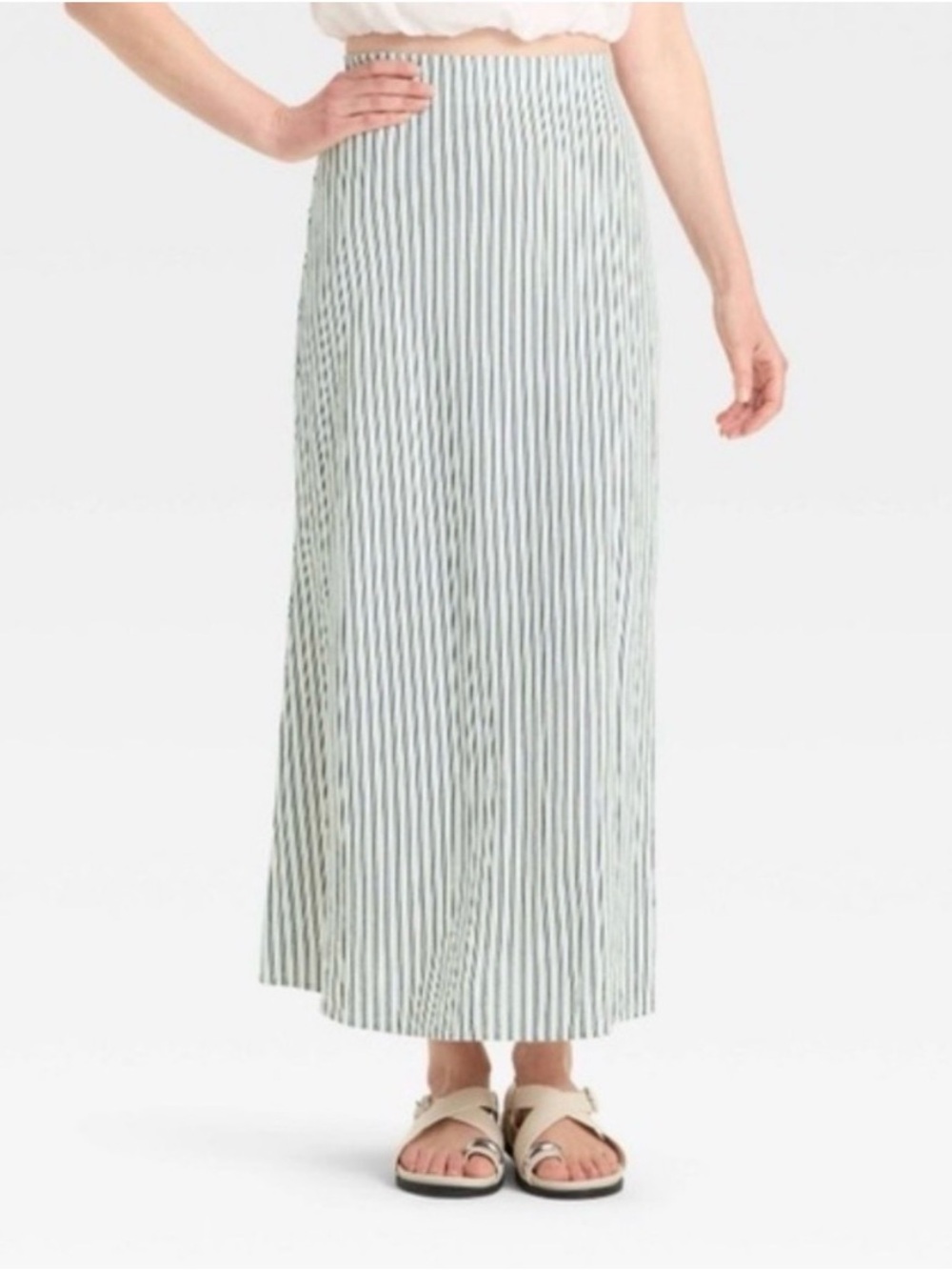 a new day Navy and White Vertical Stripe Midi Skirt SZ. L NWOT Length - 37.5”